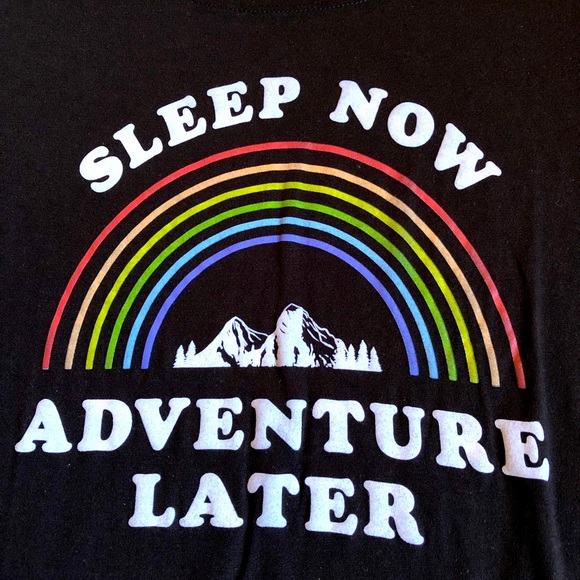 NEW AWAKE Graphic Tee Shirt SLEEP NOW ADVENTURE LATER Black Medium Women’s NWOT - Picture 2 of 13